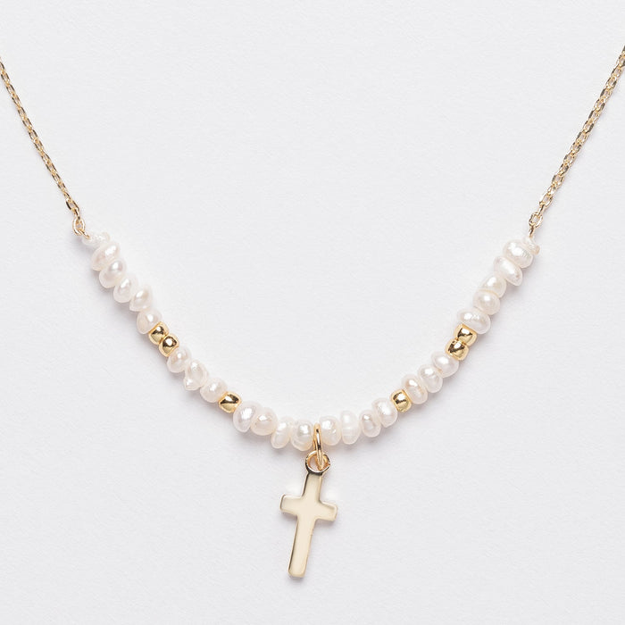 Glass Beaded Necklace with Gold Dipped Cross Charm