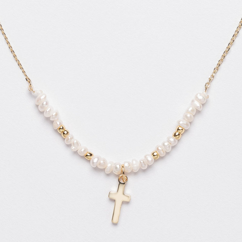 Glass Beaded Necklace with Gold Dipped Cross Charm