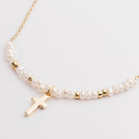 Glass Beaded Necklace with Gold Dipped Cross Charm