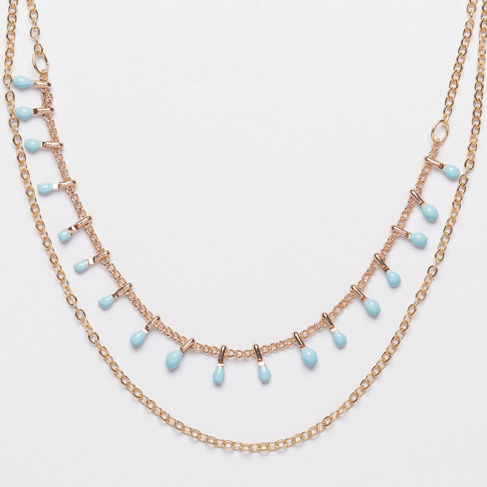 Turquoise Fringe Layered Necklace with Gold Dipped Chain