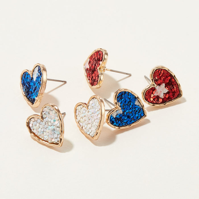 America Glitter Heart Stud Earring 6 pcs Set