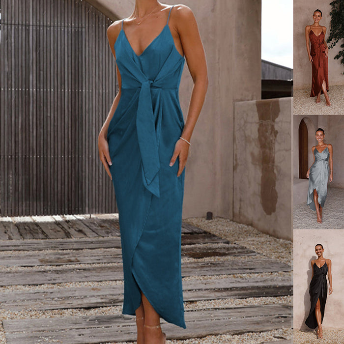 Spring Summer Sexy V-Neck Backless Slit Loose Sling Dress