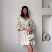 Cotton-Linen V-Neck Lantern Sleeve Dress