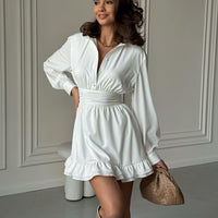 spring Office Collared Long Sleeve A-Line Waist Slimming White Ruffled Dress