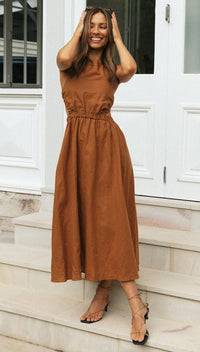 Women Solid Color Sleeveless Round Neck Backless Maxi Dress