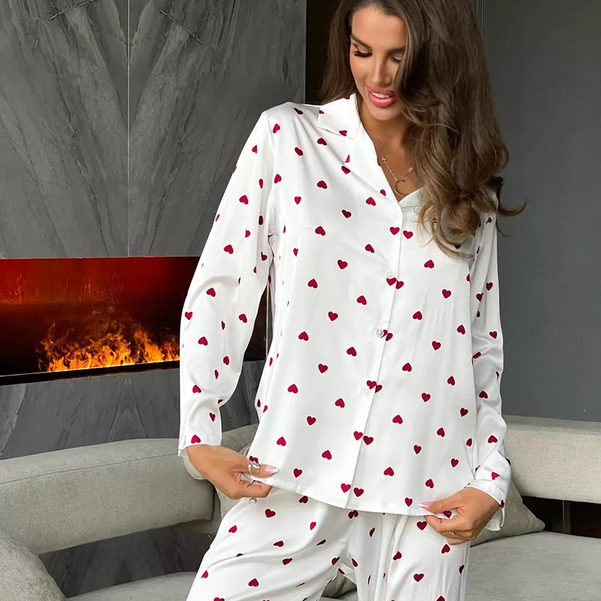 Heart Print Satin Pajama Set