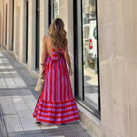 Dress Internet Celebrity Halter Backless Striped Printing Length Dress