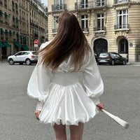 Autumn White V-Neck Lantern Sleeve Satin Dress