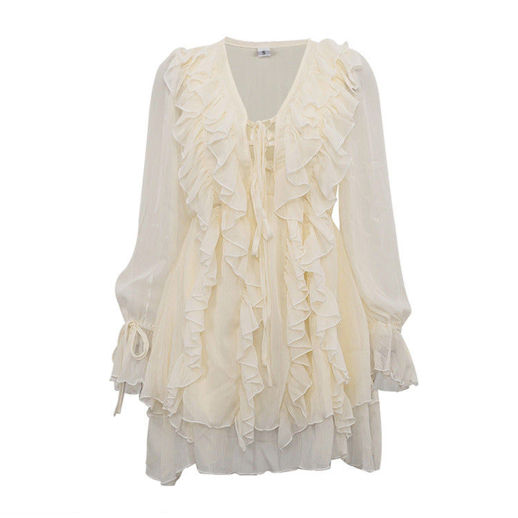 Fall French Design Ruffled Tied Dress