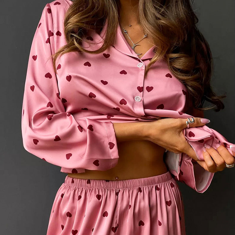 Heart Print Satin Pajama Set