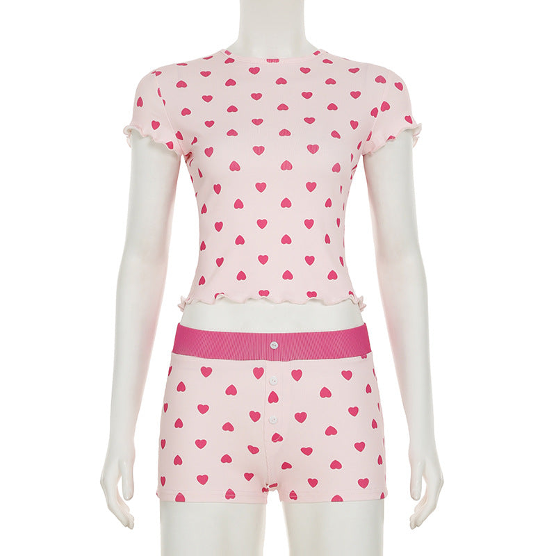 Heart Print Short-Sleeve Pajama Set