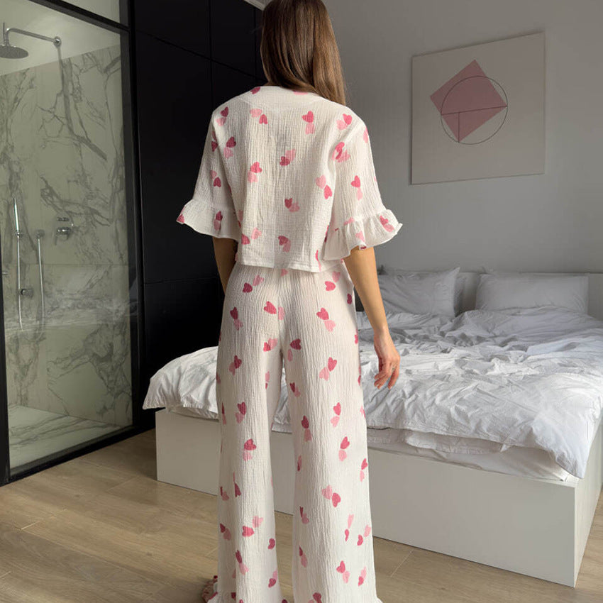 Heart Print Ruffled Pajama Set