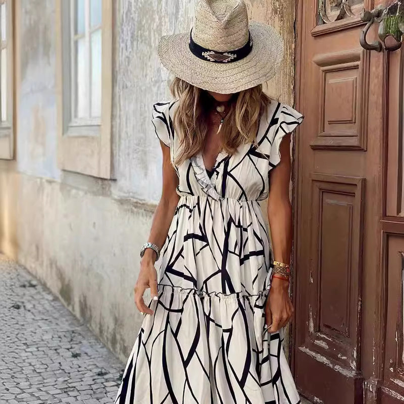 Spring Summer Dress Geometric Abstract Printed V neck Ruffled Large Swing Dress