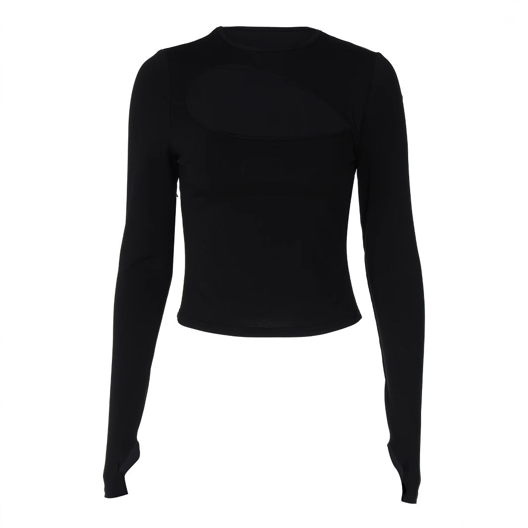 Sexy Cutout T shirt Solid Color Long Sleeve Slim Fit Top