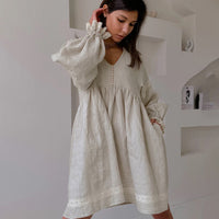 Cotton-Linen V-Neck Lantern Sleeve Dress