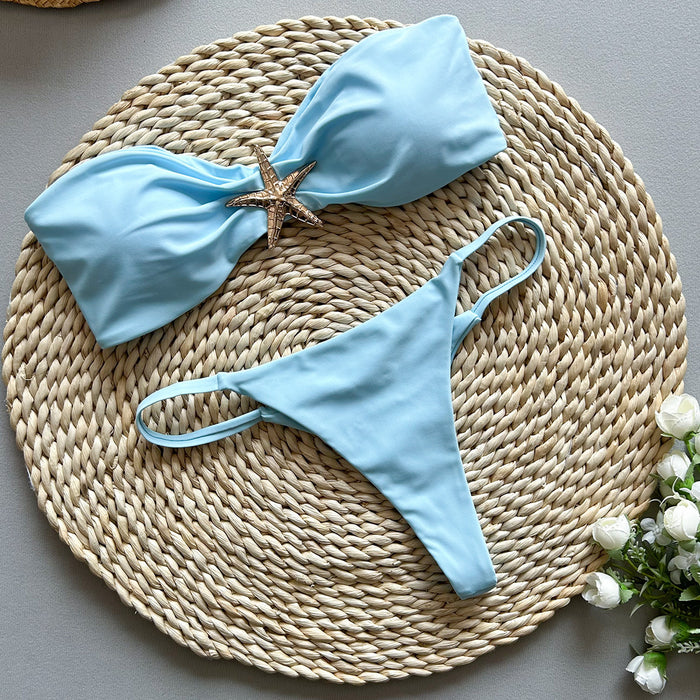 Solid Color Tube Top Bikini Set