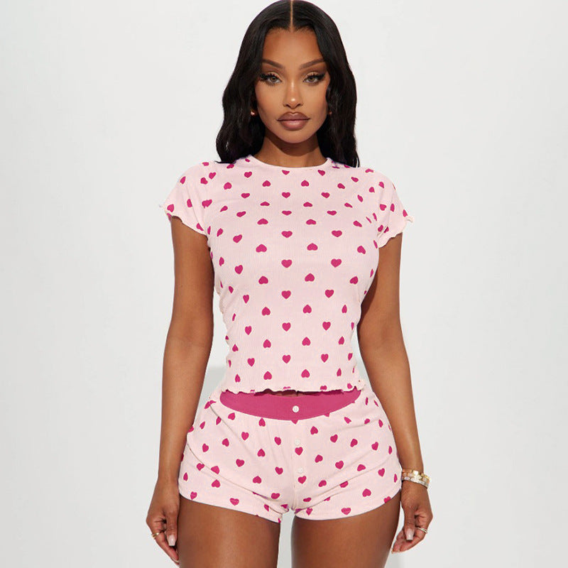 Heart Print Short-Sleeve Pajama Set