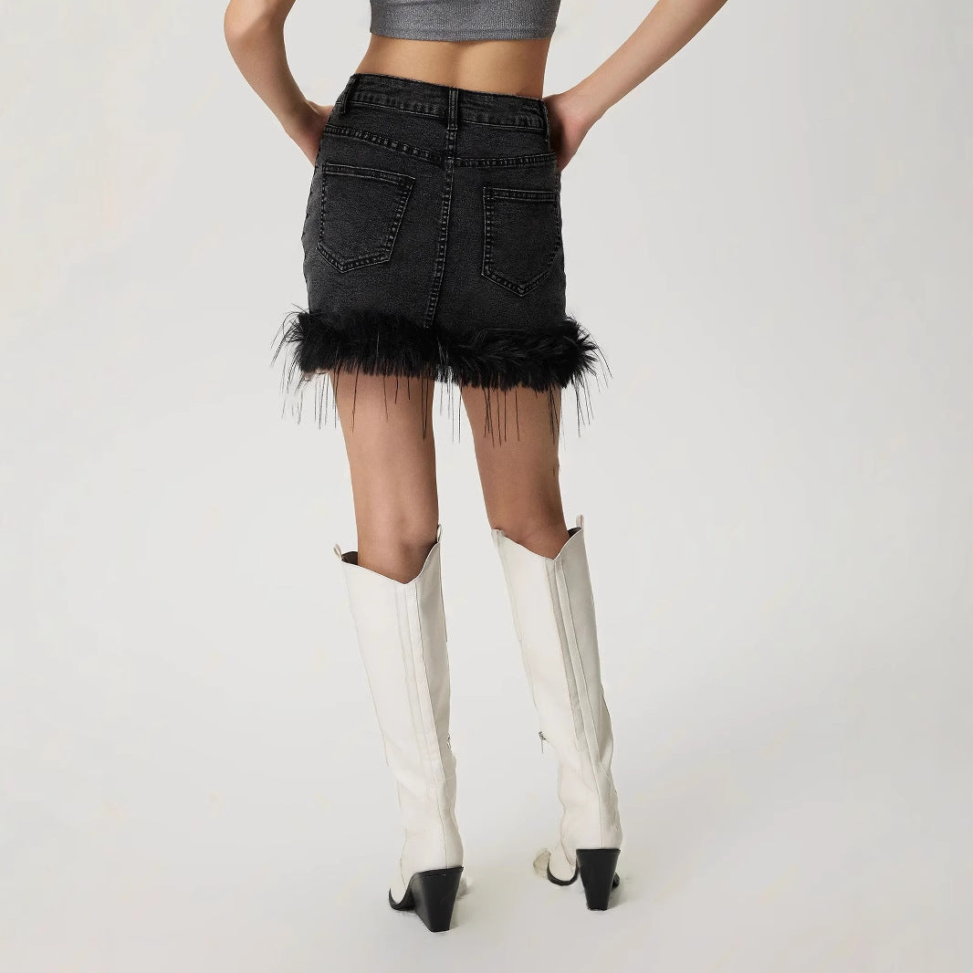 Women's High-Waisted Frayed Hem Denim Skirt