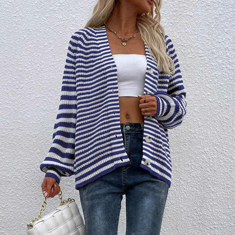 Striped Lantern Sleeve Cardigan