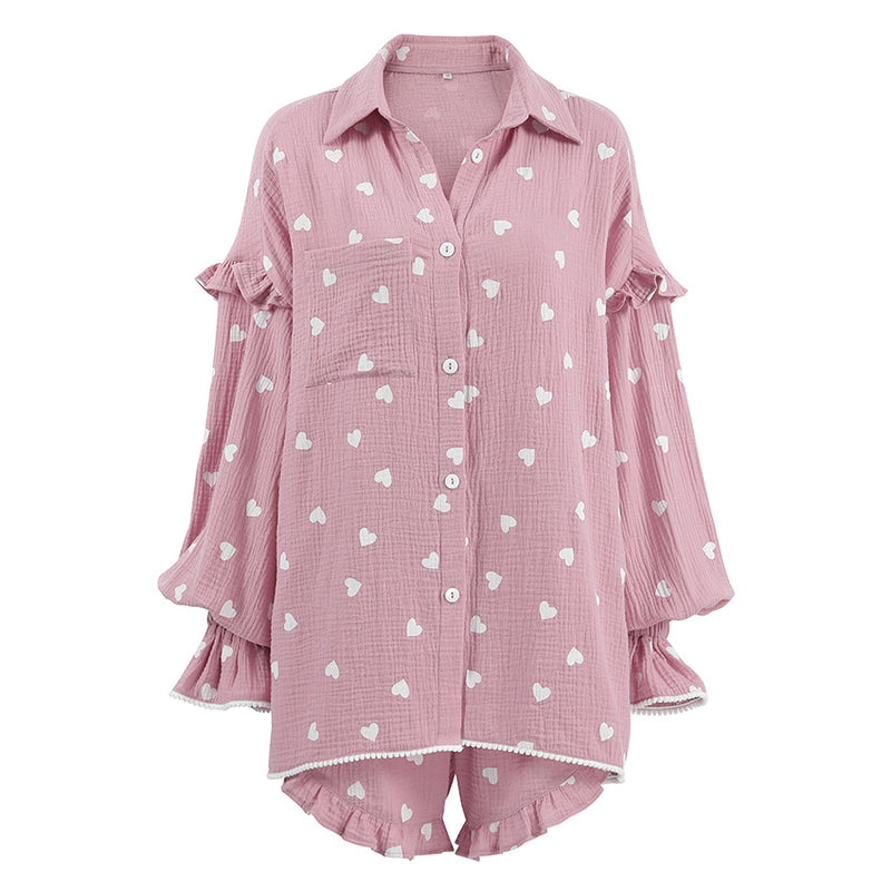 Comfort Ruffled Heart Print Pajama Set