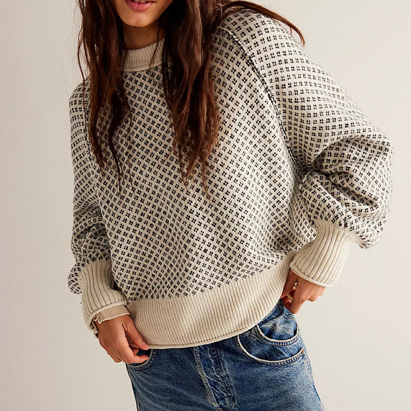 Geometric Jacquard Buttoned Pullover Sweater