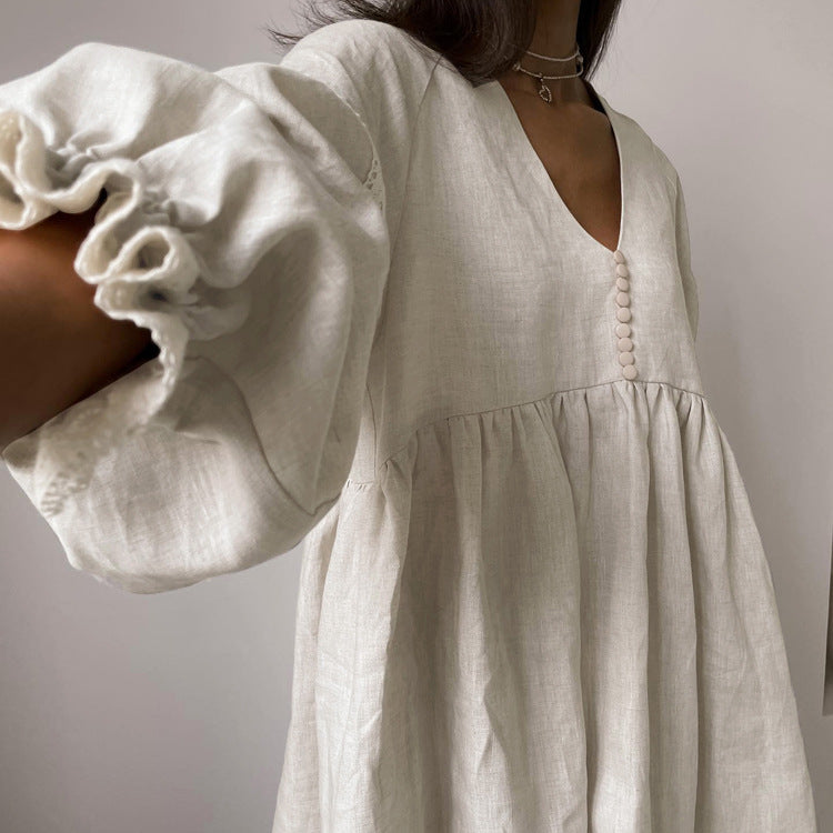 Cotton-Linen V-Neck Lantern Sleeve Dress