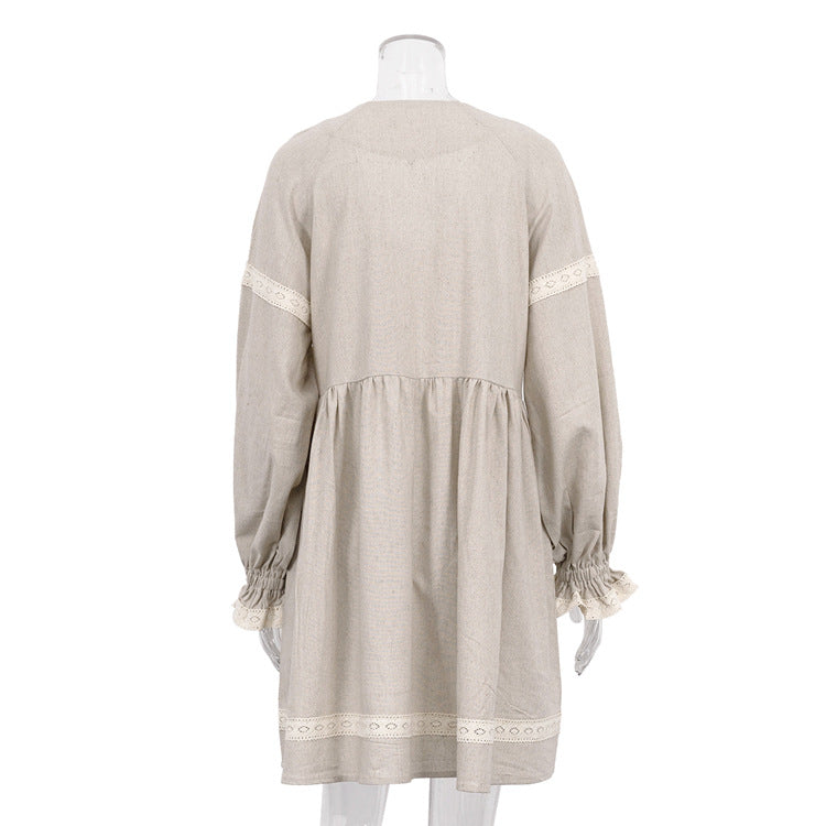 Cotton-Linen V-Neck Lantern Sleeve Dress