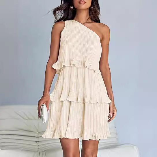 Oblique Shoulder Layered Hem Dress