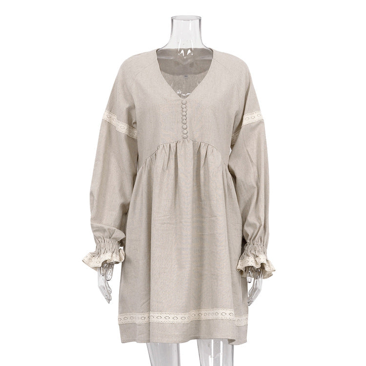 Cotton-Linen V-Neck Lantern Sleeve Dress