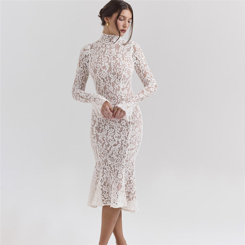 French Lace Cutout Turtleneck Fishtail Dress