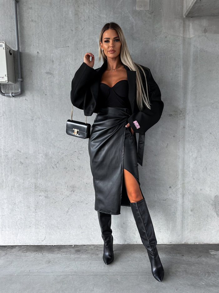 Faux Leather Wrap Midi Skirt