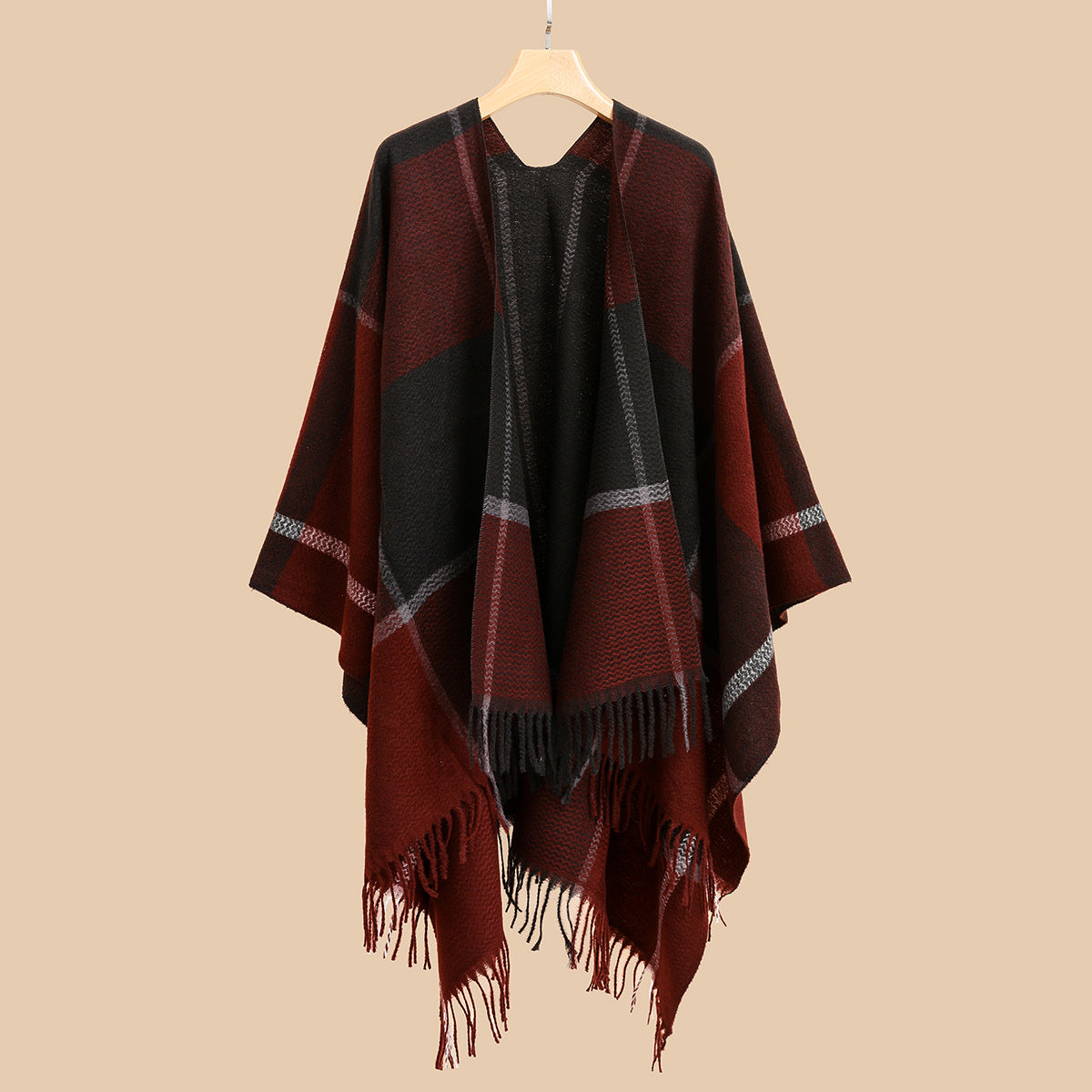 Plaid Fringed Open Shawl