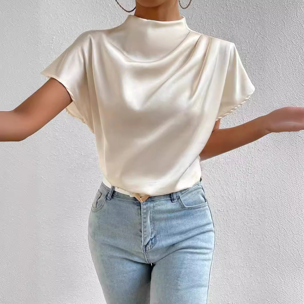 Round Neck Short Sleeve Left Shoulder Pleated Satin Top