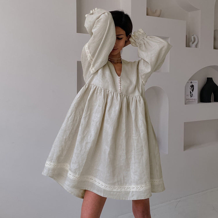 Cotton-Linen V-Neck Lantern Sleeve Dress