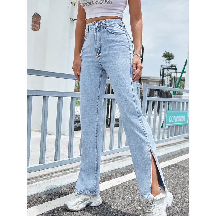 Trendy High-Waist Wide-Leg Split Denim Trousers