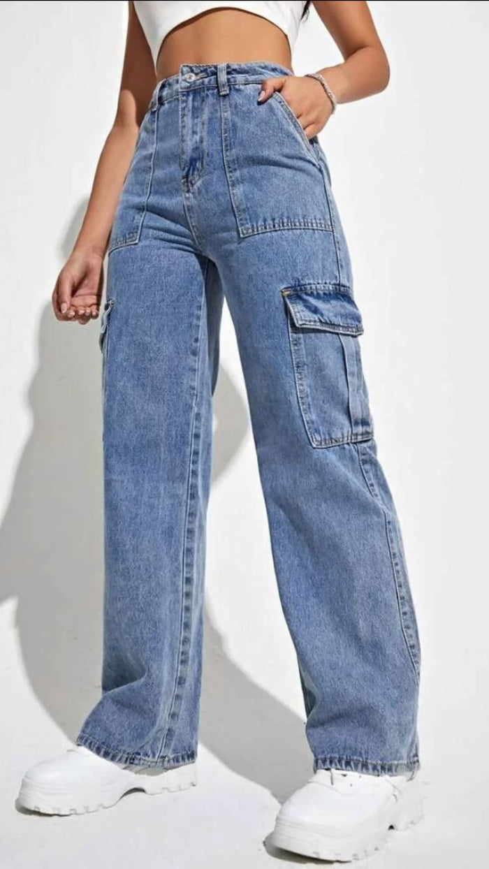 Utility Chic Multi-Pocket Straight-Leg Denim Trousers