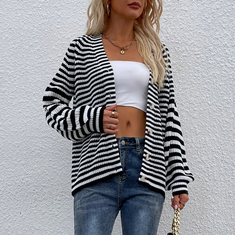 Striped Lantern Sleeve Cardigan