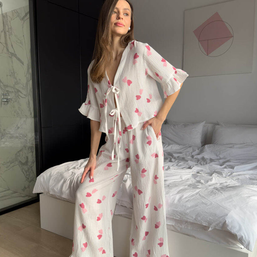 Heart Print Ruffled Pajama Set