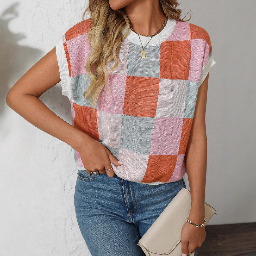 Color Block Round Neck Knitted Chessboard Plaid Sweater