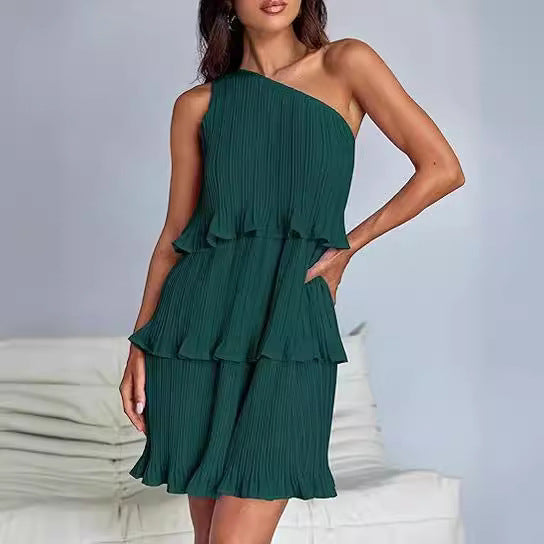 Oblique Shoulder Layered Hem Dress