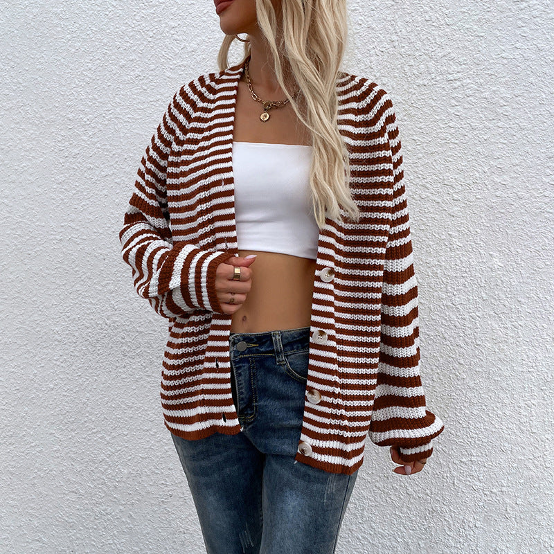 Striped Lantern Sleeve Cardigan