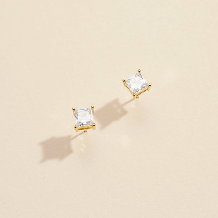 Square CZ Gold Dip Stud Earrings