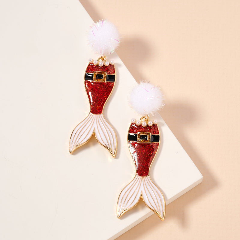 Christmas Mermaid Tail Pom-Pom Enamel Dangling Earrings