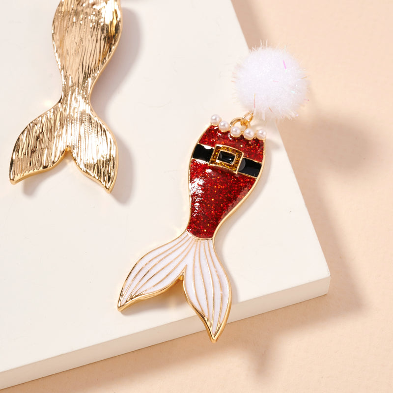 Christmas Mermaid Tail Pom-Pom Enamel Dangling Earrings