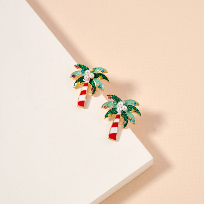 Christmas Candy Cane Palm Tree Enamel Stud Earrings