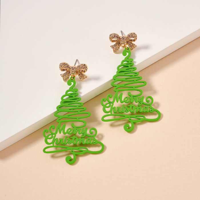 Merry Christmas Tree & Bow Dangling Earrings