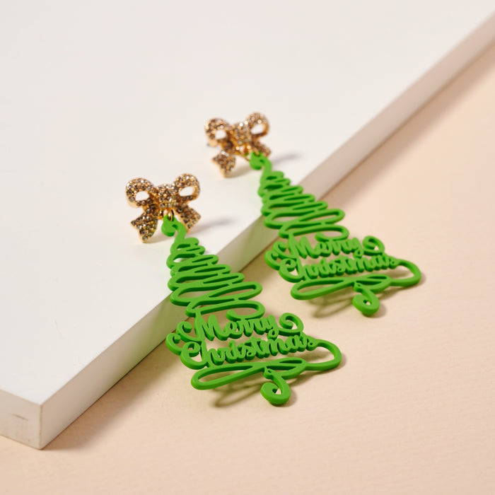 Merry Christmas Tree & Bow Dangling Earrings