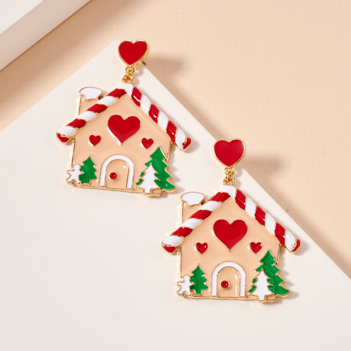 Christmas Gingerbread House Enamel Dangling Earrings