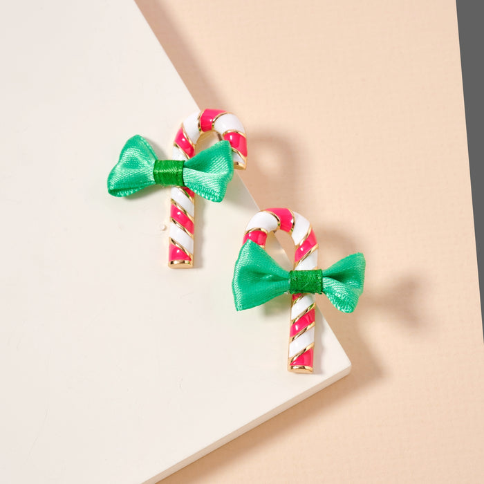 Christmas Candy Cane & Bow Enamel Stud Earrings