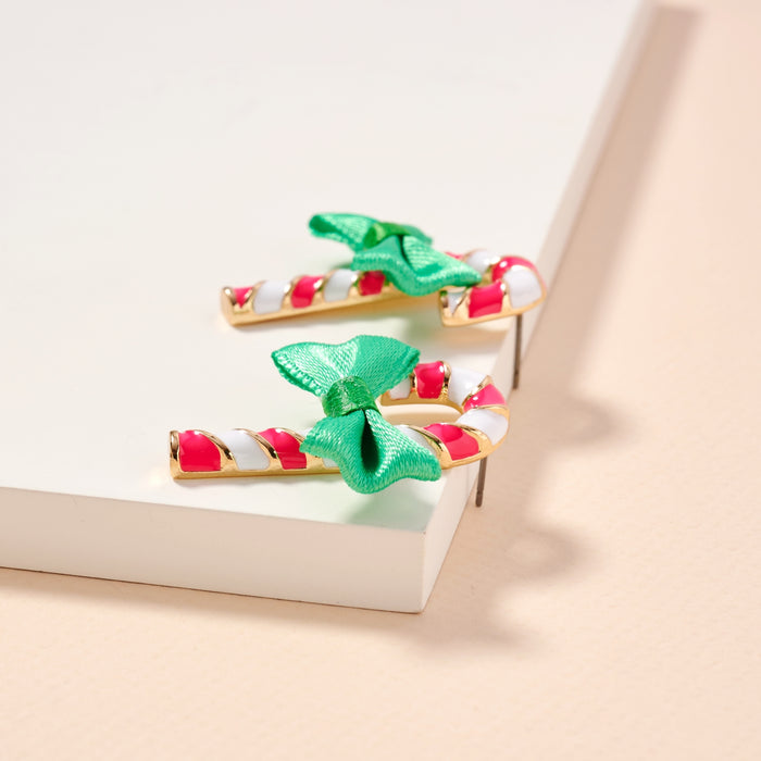 Christmas Candy Cane & Bow Enamel Stud Earrings